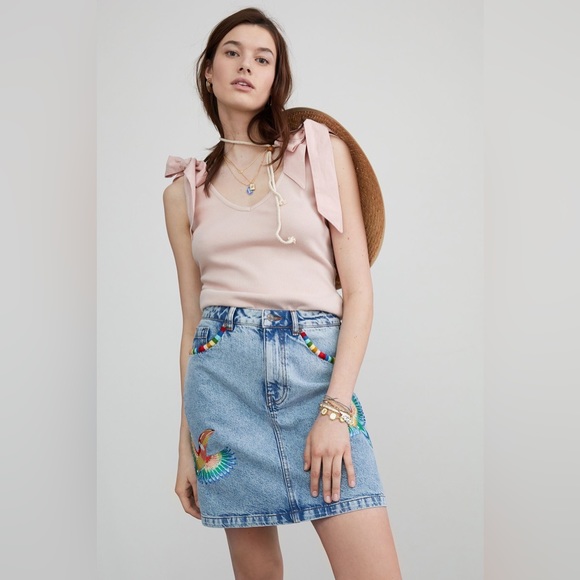 Farm Río for Anthropologie Embroidered Denim Skirt - Picture 3 of 14